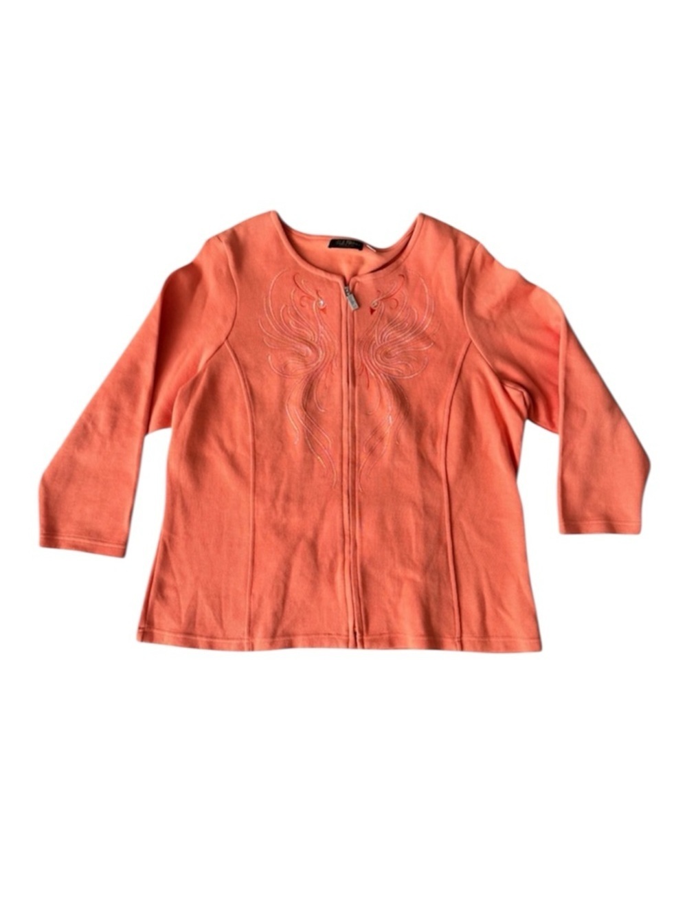 Bob Mackie 1X Orange Zip Sweater Cardigan Sequin Phoenix Peacock Art To Wear